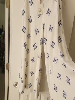Alex Marie Cream Wide-Leg Pants with Navy Tile Motif